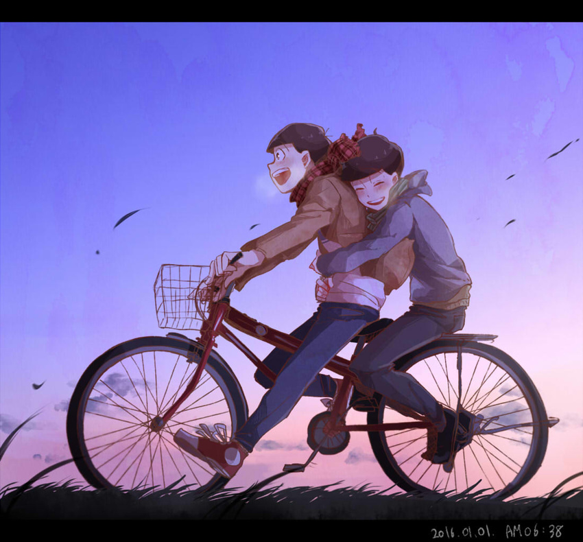 2boys :d ^_^ ahoge alternate_costume bicycle bicycle_basket blush bowl_cut breath brothers brown_hair casual cheeeeezi closed_eyes cloud dated from_side gradient grass green_scarf ground_vehicle hug hug_from_behind jacket laughing letterboxed long_sleeves male_focus matsuno_choromatsu matsuno_osomatsu multiple_boys multiple_riders new_year open_mouth osomatsu-kun osomatsu-san outdoors pants plaid plaid_scarf profile red_footwear red_scarf riding scarf shoes siblings sky smile sneakers striped striped_scarf sunset sweater time wind winter_clothes