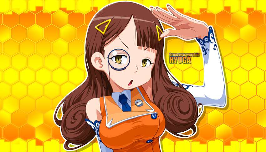 aoki_hagane_no_arpeggio badge brown_hair button_badge character_name detached_sleeves hyuuga_(aoki_hagane_no_arpeggio) iona kamo_3 long_hair monocle necktie salute solo yellow_eyes