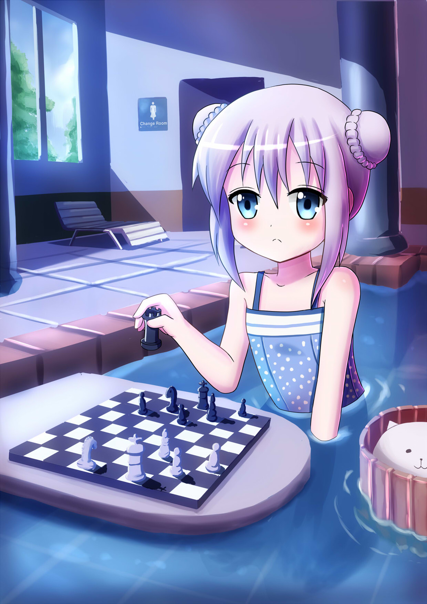 angora_rabbit arlly_radithia blue_eyes blue_hair blush board_game bunny chess chess_piece chessboard double_bun frown gochuumon_wa_usagi_desu_ka? hair_ornament highres kafuu_chino kickboard one-piece_swimsuit pool poolside solo swimsuit tippy_(gochiusa) water