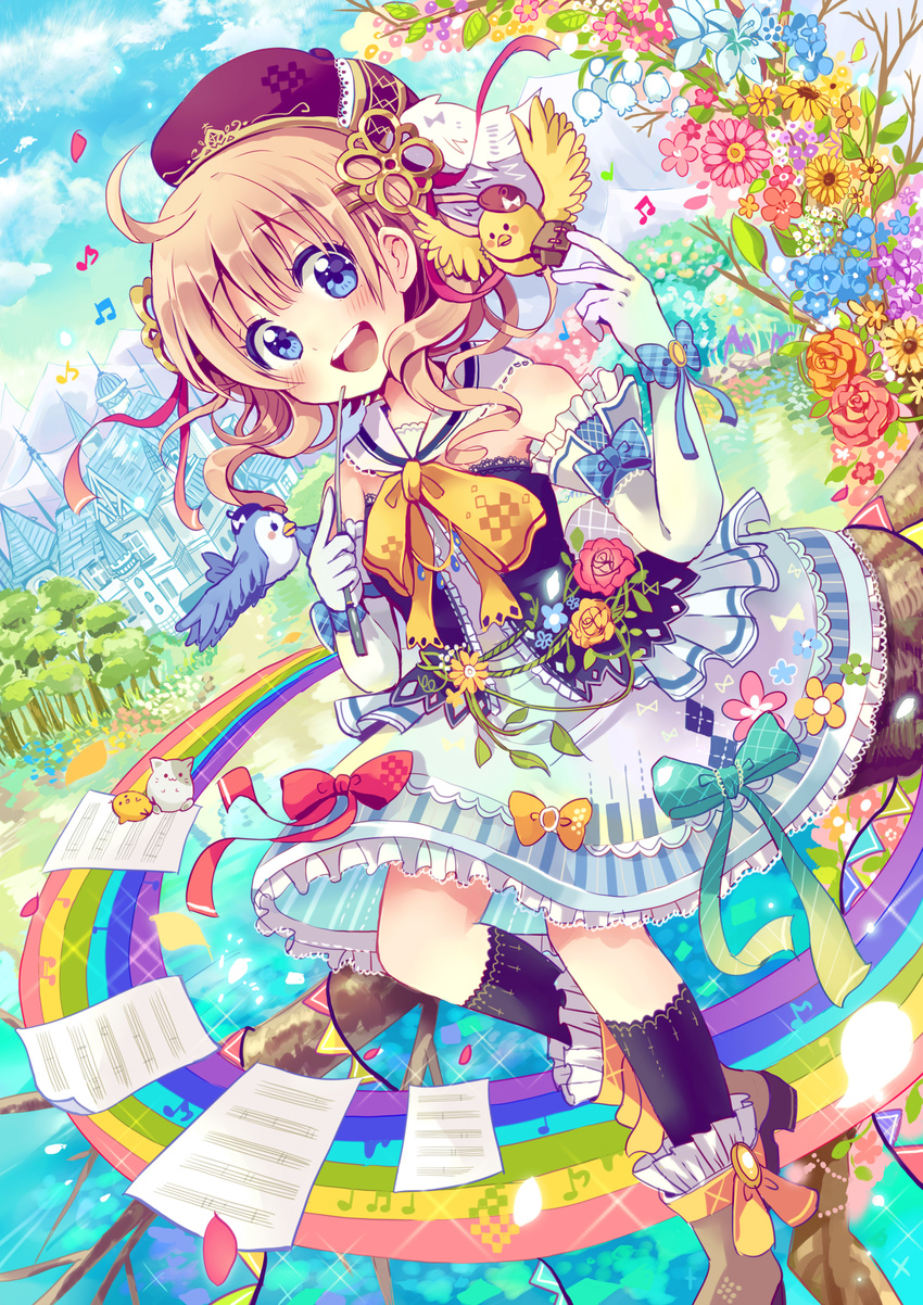 :d absurdres ahoge argyle bangs bare_shoulders baton_(instrument) beamed_eighth_notes beret bird black_legwear blue_eyes blush boots bow brown_hair cat colorful daisy day dress dutch_angle eighth_note elbow_gloves flower frilled_boots frilled_dress frills gloves hair_ornament hair_ribbon happy hat highres in_tree kneehighs layered_dress light_brown_hair lily_(flower) lily_of_the_valley lolita_fashion looking_at_viewer mountain musical_note open_mouth original pennant petals piano_print plaid plaid_bow print_dress rainbow ribbon rose sakura_oriko sheet_music short_hair sitting sitting_in_tree sky smile solo spire string_of_flags town tree tree_branch white_gloves