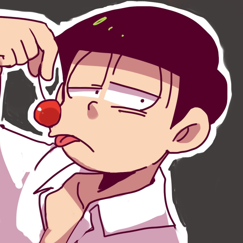 ankie cherry close-up commentary dress_shirt food fruit green_background highres looking_at_viewer male_focus matsuno_choromatsu open_clothes open_shirt osomatsu-kun osomatsu-san shirt simple_background solo tongue tongue_out