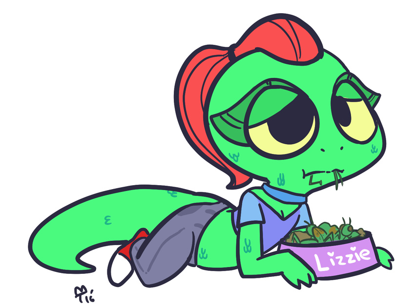 2016 anthro arthropod bowl chameleon clothing collar dreamworks eating female grasshopper hair insect lizard lizzie ponytail red_hair reptile scalie simple_background solo unknown_artist white_background yellow_eyes