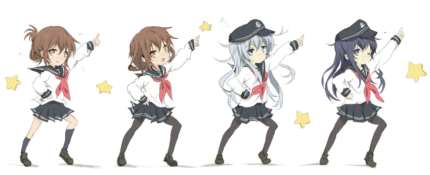 akatsuki_(kantai_collection) anchor_symbol black_legwear blue_eyes blush brown_eyes brown_hair core_(mayomayo) dancing flat_cap folded_ponytail hair_ornament hairclip hat hibiki_(kantai_collection) ikazuchi_(kantai_collection) inazuma_(kantai_collection) index_finger_raised kantai_collection long_hair lucky_star motteke!_serafuku multiple_girls one_eye_closed pantyhose parody pointing purple_eyes purple_hair school_uniform serafuku short_hair simple_background star