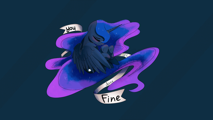 2014 absurd_res blue_feathers blue_fur blue_hair blush cutie_mark darkflame75 english_text equine eyes_closed feathered_wings feathers female feral fetal_position friendship_is_magic fur hair hi_res horn mammal my_little_pony princess_luna_(mlp) simple_background solo text winged_unicorn wings