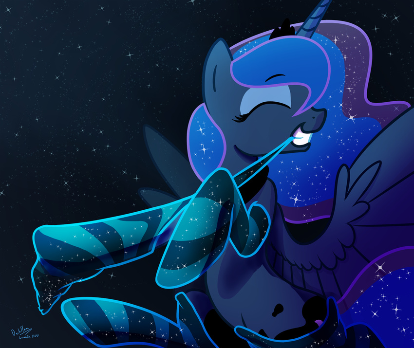 2014 blue_feathers blue_fur blue_hair clothing crown cutie_mark darkflame75 equine eyes_closed feathered_wings feathers female feral friendship_is_magic fur hair hi_res horn jewelry legwear mammal my_little_pony necklace princess_luna_(mlp) sky socks solo star winged_unicorn wings
