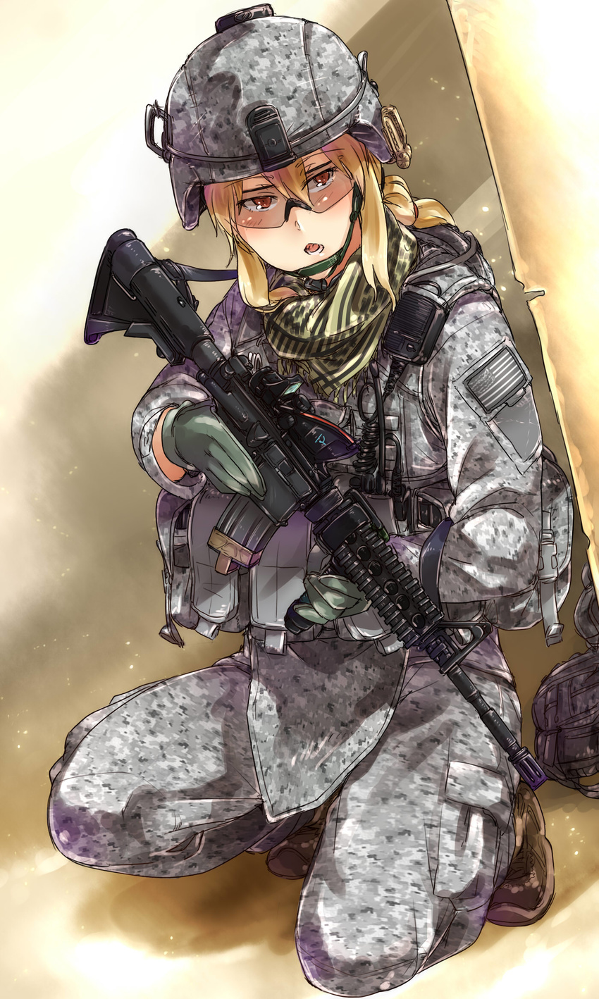 acog acu_(camo) american_flag ar-15 assault_rifle ayyh blonde_hair boots camouflage digital_camouflage emblem glasses gloves gun highres kneeling load_bearing_vest m4_carbine military open_mouth original plate_carrier ponytail red_eyes rifle safety_glasses scarf solo stanag_magazine trigger_discipline us_army vertical_foregrip weapon