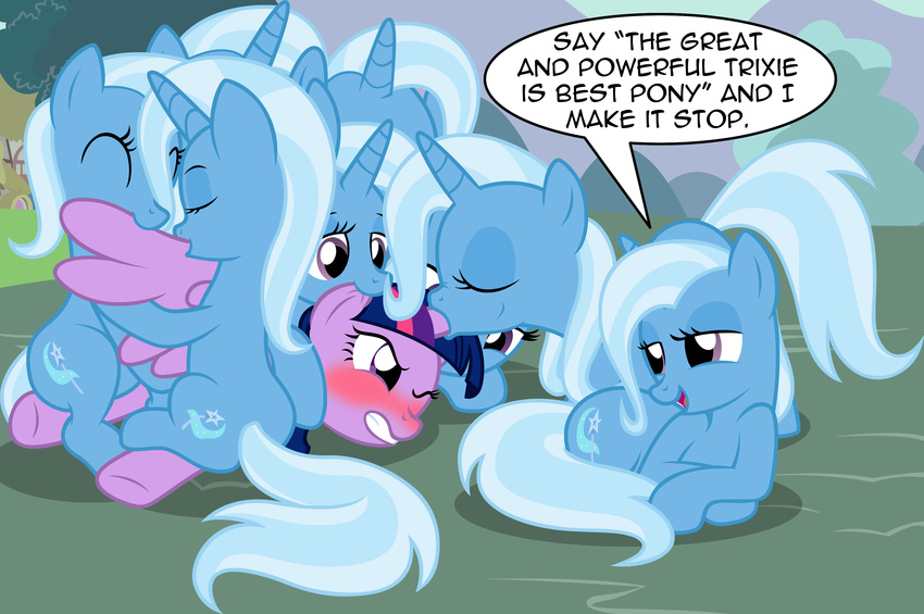 2016 blush clone dialogue english_text equine female friendship_is_magic horn licking lying mammal my_little_pony preening sucking teasing text tongue tongue_out trixie_(mlp) unicorn winged_unicorn wings