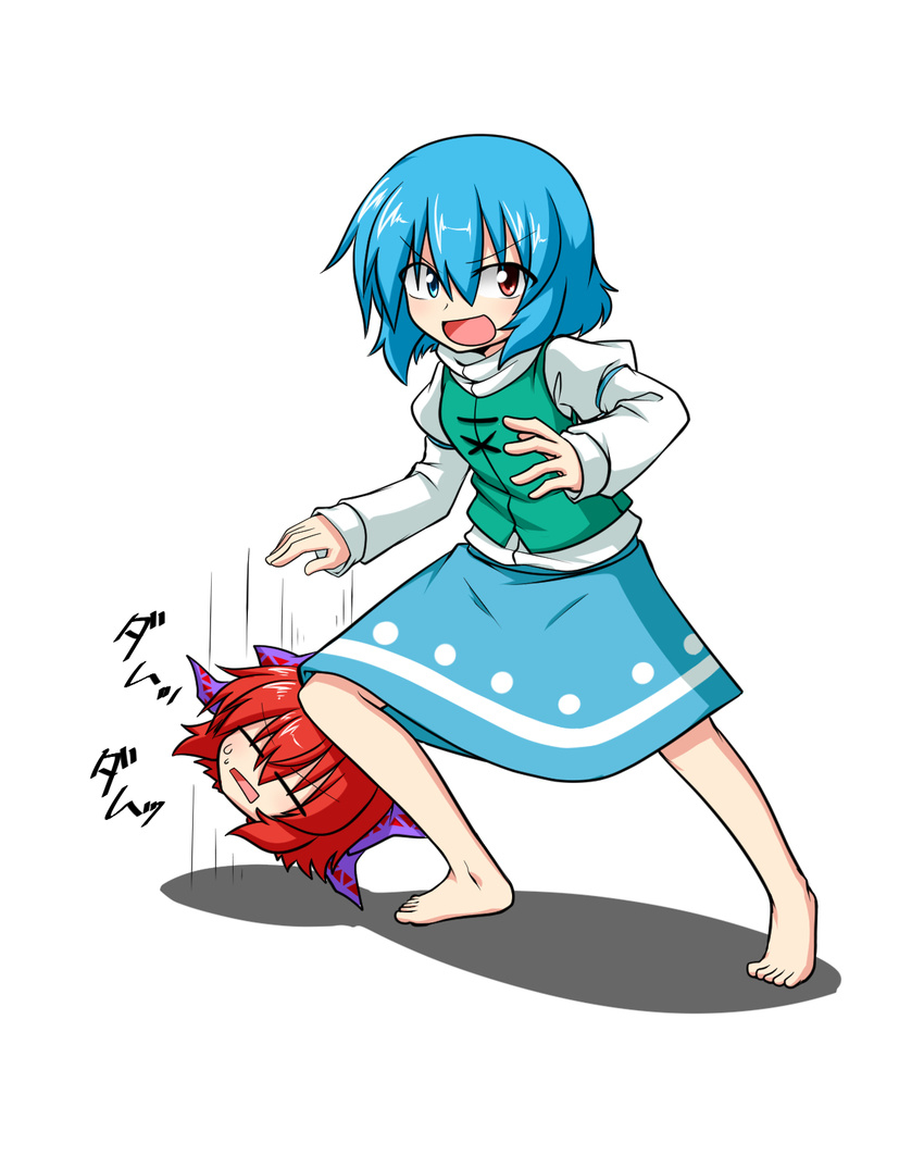 :d =_= bad_id bad_pixiv_id barefoot basketball blue_hair bow disembodied_head dribbling hair_bow heterochromia highres juliet_sleeves katsumi5o large_bow long_sleeves multiple_girls open_mouth puffy_sleeves rectangular_mouth red_eyes sekibanki short_hair skirt smile square_mouth tatara_kogasa touhou tunic unamused v-shaped_eyebrows