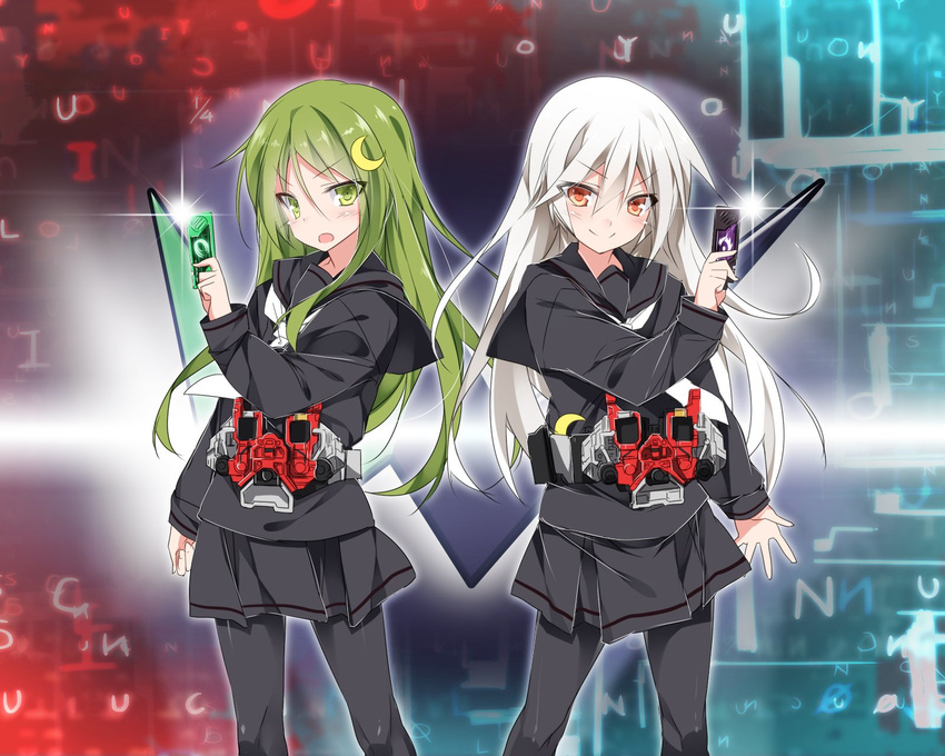 belt black_legwear black_serafuku black_skirt blush commentary_request cowboy_shot crescent crescent_hair_ornament gaia_memory glint green_eyes green_hair hair_between_eyes hair_ornament henshin_pose highres kamen_rider kamen_rider_w kantai_collection kikuzuki_(kantai_collection) long_hair long_sleeves looking_at_viewer machinery mtu_(orewamuzituda) multiple_girls nagatsuki_(kantai_collection) orange_eyes pantyhose pose sailor_collar school_uniform serafuku skirt smile standing uniform white_hair