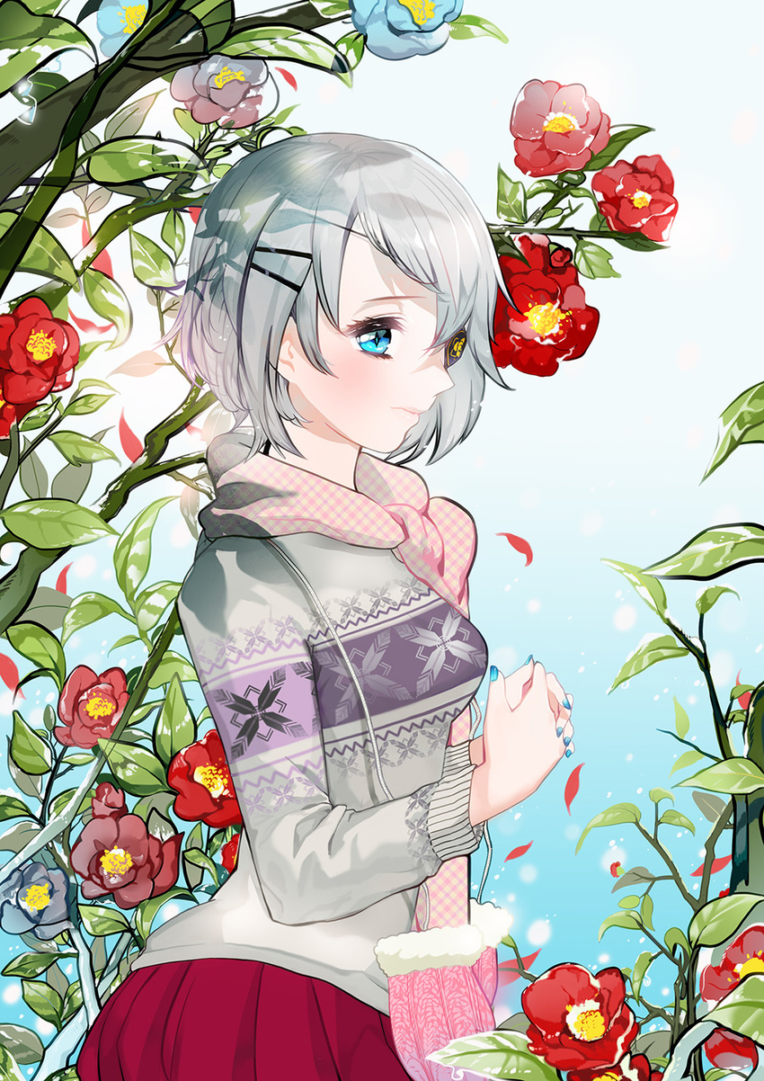 artist_request blue_eyes blue_nails blush eyepatch fingernails flower gloves hair_ornament hairclip hands_clasped highres interlocked_fingers iri_flina mittens nail_polish own_hands_together scarf short_hair silver_hair solo sweater sword_girls