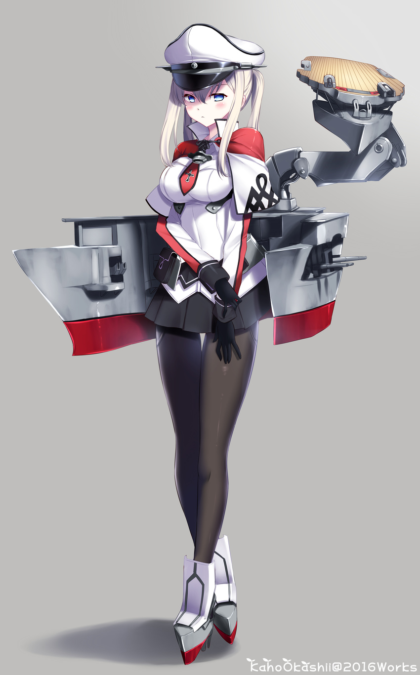 2016 absurdres black_gloves black_legwear blonde_hair blue_eyes breasts cannon capelet gloves graf_zeppelin_(kantai_collection) hat highres kaho_okashii kantai_collection large_breasts long_sleeves looking_at_viewer machinery military military_hat military_uniform pantyhose shirt skirt solo twintails uniform