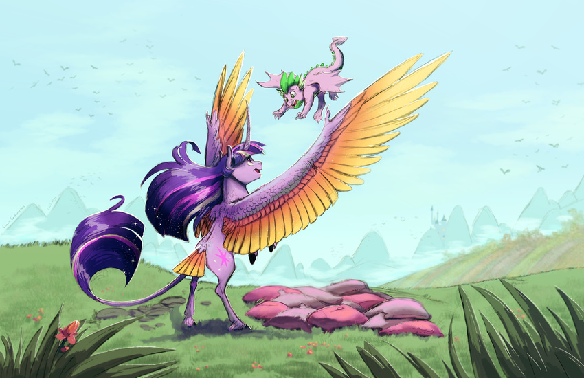 2014 avian better_version_at_source bird cutie_mark darkflame75 dragon duo earthsong9405 equine feathered_wings feathers female feral flower friendship_is_magic fur grass hair hi_res horn mammal mountain multicolored_hair my_little_pony outside pillow plant purple_eyes purple_fur scalie scared sky smile spike_(mlp) twilight_sparkle_(mlp) winged_unicorn wings