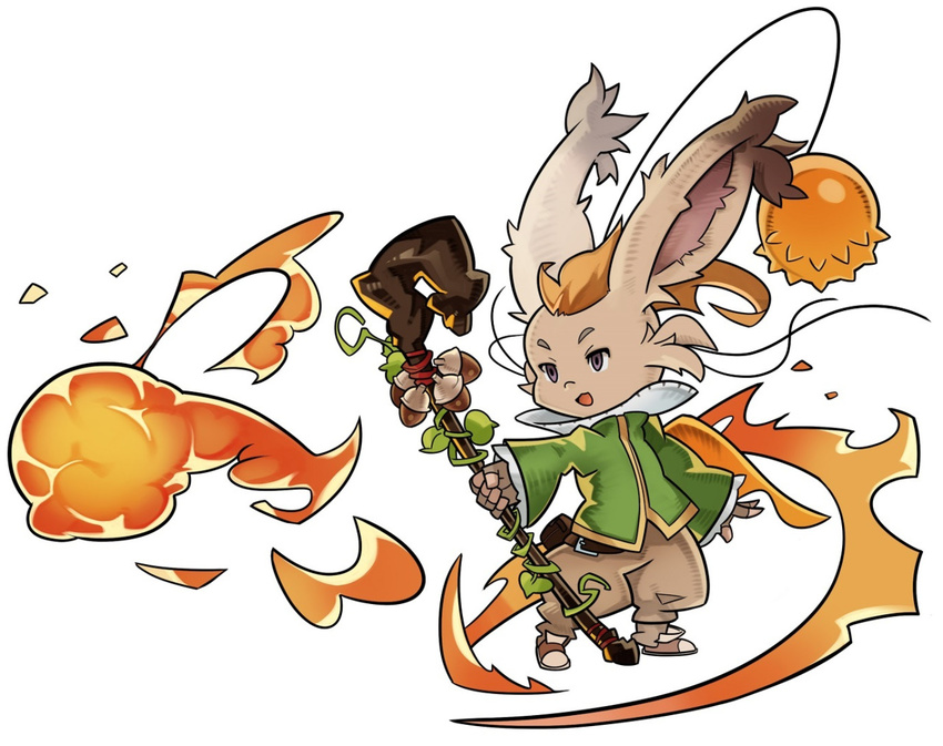 1boy animal_ears blonde_hair bunny_ears final_fantasy final_fantasy_tactics_advance fire furry leaf montblanc open_mouth simple_background solo splashbrush staff white_background
