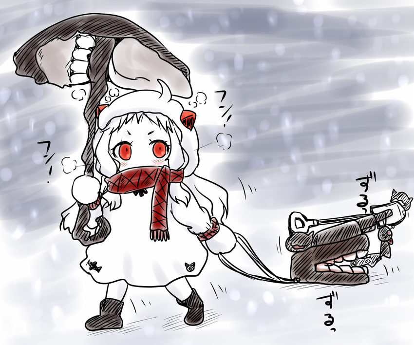 ahoge boots coat commentary_request dress holding horns kantai_collection long_hair mittens northern_ocean_hime nozarashi_satoru pale_skin red_eyes scarf shinkaisei-kan snow snowing umbrella white_dress white_hair white_skin