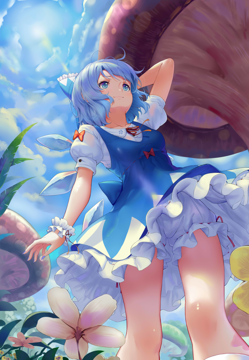 1girl absurdres bloomers blue_bow blue_dress blue_eyes blue_hair blue_sky bow breasts cirno cloud cloudy_sky day dress flower hair_bow highres ice ice_wings medium_breasts mushroom outdoors puffy_short_sleeves puffy_sleeves red_bow red_ribbon revision ribbon short_dress short_hair short_sleeves sky smile solo sonikey0_0 sun touhou underwear wings wrist_cuffs