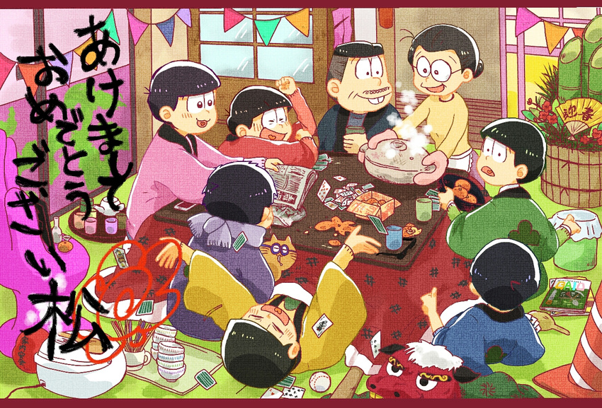 6+boys animal bamboo bangs banner baseball baseball_bat black_hair blunt_bangs bowl box buck_teeth card cat chopsticks cup dishes facial_hair family fan father_and_son flower_pot folding_fan food fruit glasses gloves hair_bun hanten_(clothes) heart heart_in_mouth indoors japanese_clothes kadomatsu kotatsu lying magazine mandarin_orange matsuno_choromatsu matsuno_ichimatsu matsuno_juushimatsu matsuno_karamatsu matsuno_matsuyo matsuno_matsuzou matsuno_osomatsu matsuno_todomatsu mother_and_son multiple_boys mustache nerori new_year newspaper on_back on_floor osomatsu-kun osomatsu-san outstretched_arms oven_mitts pennant plant playing_card pot potted_plant rice_cooker scarf sextuplets short_hair side_handle_teapot sitting sliding_doors steam string_of_flags table teapot teeth thumbs_up traffic_cone trash_can under_kotatsu under_table whiskers yunomi