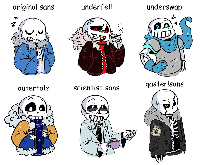 animated_skeleton bone cigarette clothing coffee_mug eyewear glasses gloves gold_(metal) gold_tooth hoodie jacket monster necktie outertale sans_(undertale) scarf skeleton smile text toono_(artist) undead underfell underswap undertale video_games