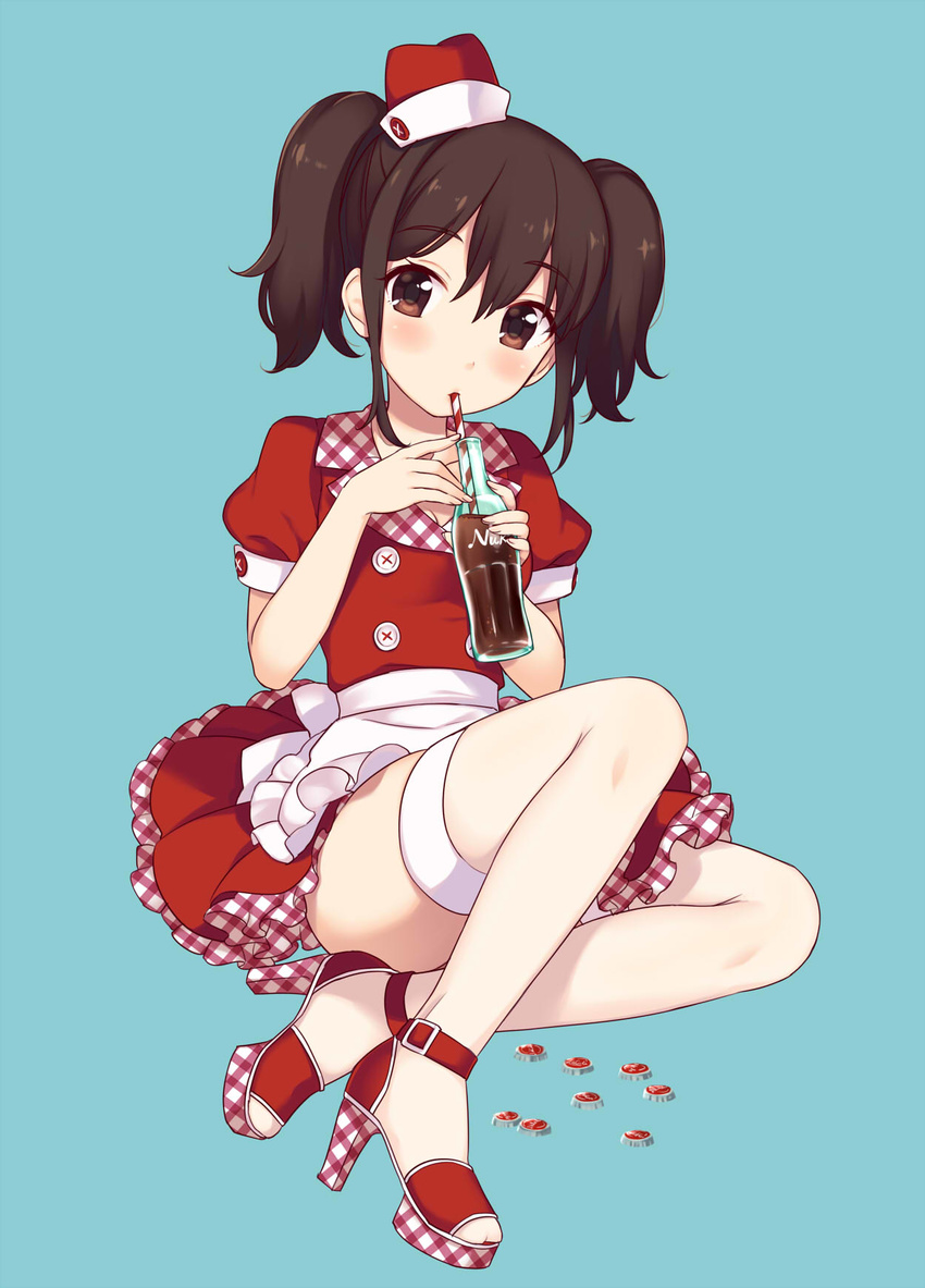 apron bad_id bad_pixiv_id bottle brown_eyes brown_hair coca-cola coke_bottle dress drinking_straw hat high_heels highres looking_at_viewer maki_(natoriumu) nuka_cola original pantyhose puffy_short_sleeves puffy_sleeves red_dress sandals short_sleeves solo thigh_strap twintails waist_apron waitress