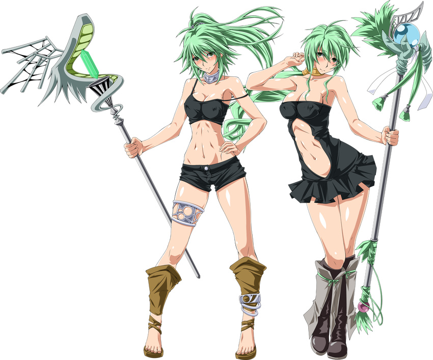 bare_shoulders blush breasts caam_serenity_of_gusto cleavage collar collarbone covered_nipples duel_monster full_body green_eyes green_hair hair_ornament hand_on_hip highres jewelry long_hair looking_at_viewer medium_breasts midriff multiple_girls navel ponytail sandals shorts smile staff tore-saki transparent_background winda_priestess_of_gusto yuu-gi-ou