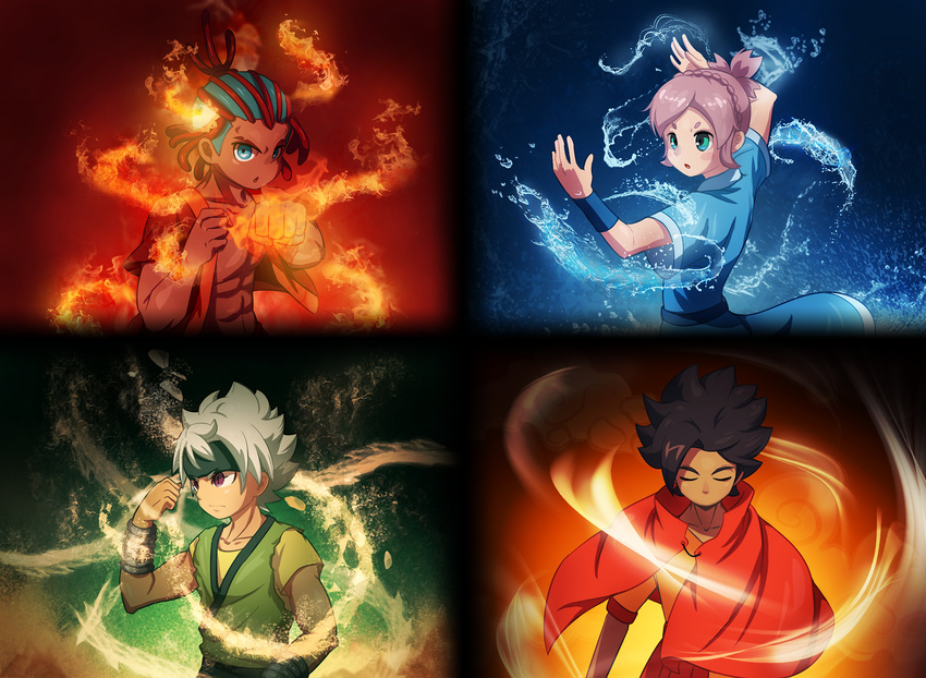 3boys abs aqua_eyes avatar:_the_last_airbender avatar_(series) bad_id bad_pixiv_id braid chitu closed_eyes element_bending headband highres ibuki_munemasa inazuma_eleven_(series) inazuma_eleven_go inazuma_eleven_go_galaxy matatagi_hayato multiple_boys nozaki_sakura open_mouth parody pink_hair tetsukado_shin white_hair