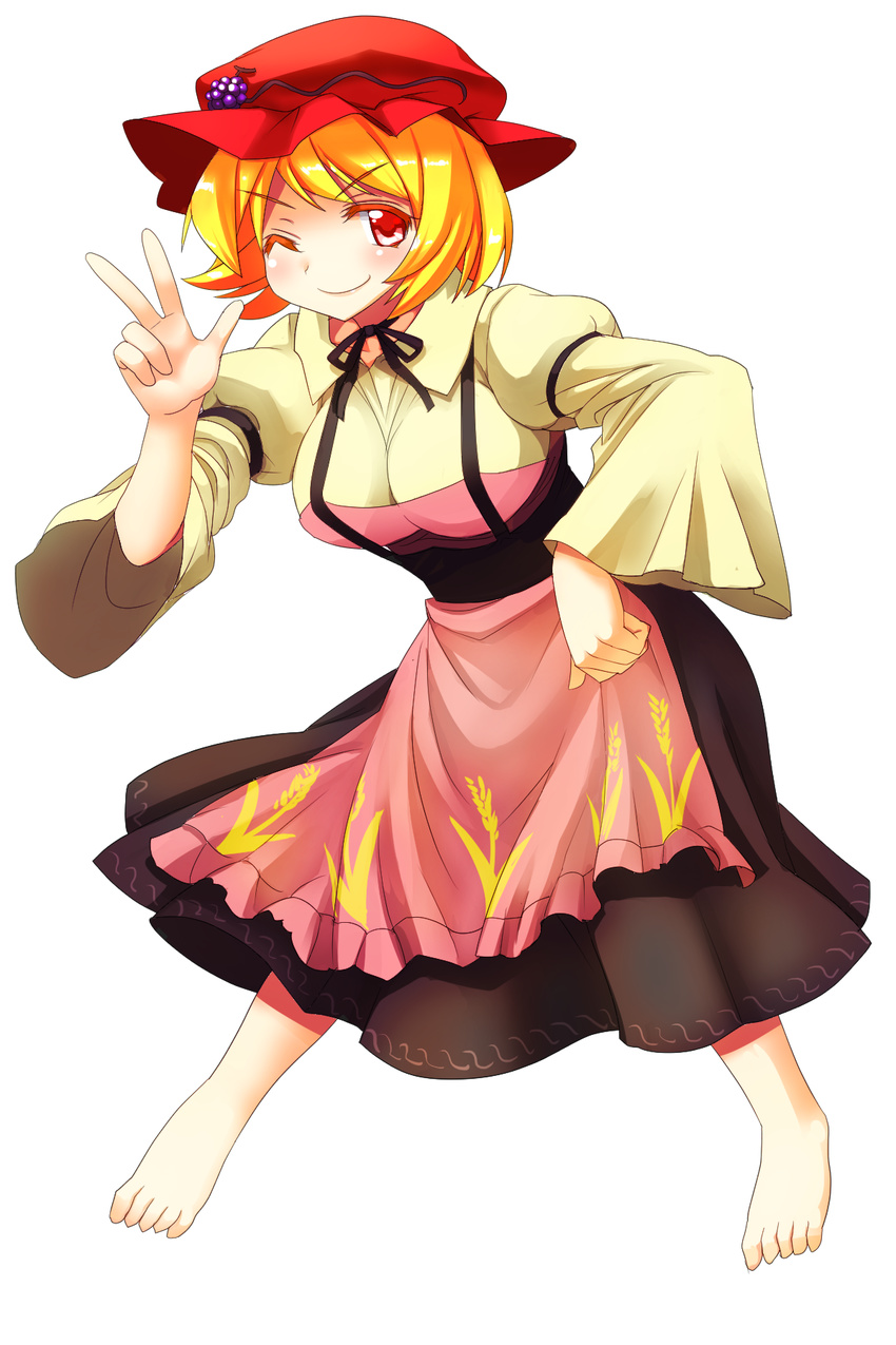 aki_minoriko apron barefoot blonde_hair breasts food fruit grapes hat highres juliet_sleeves large_breasts long_sleeves mob_cap mono_(moiky) one_eye_closed puffy_sleeves red_eyes shirt skirt smile solo touhou wide_sleeves
