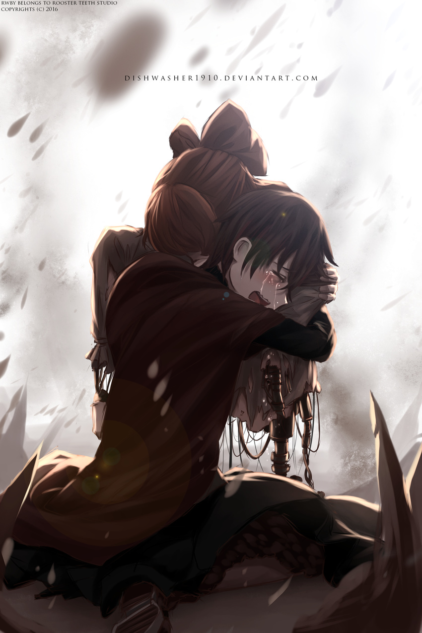 2girls absurdres android artist_name bow brown_hair copyright_name crying damaged dishwasher1910 dismemberment gradient_hair hair_bow hair_bun highres holding lens_flare multicolored_hair multiple_girls orange_hair penny_polendina red_hair robot ruby_rose rwby spoilers tears watermark
