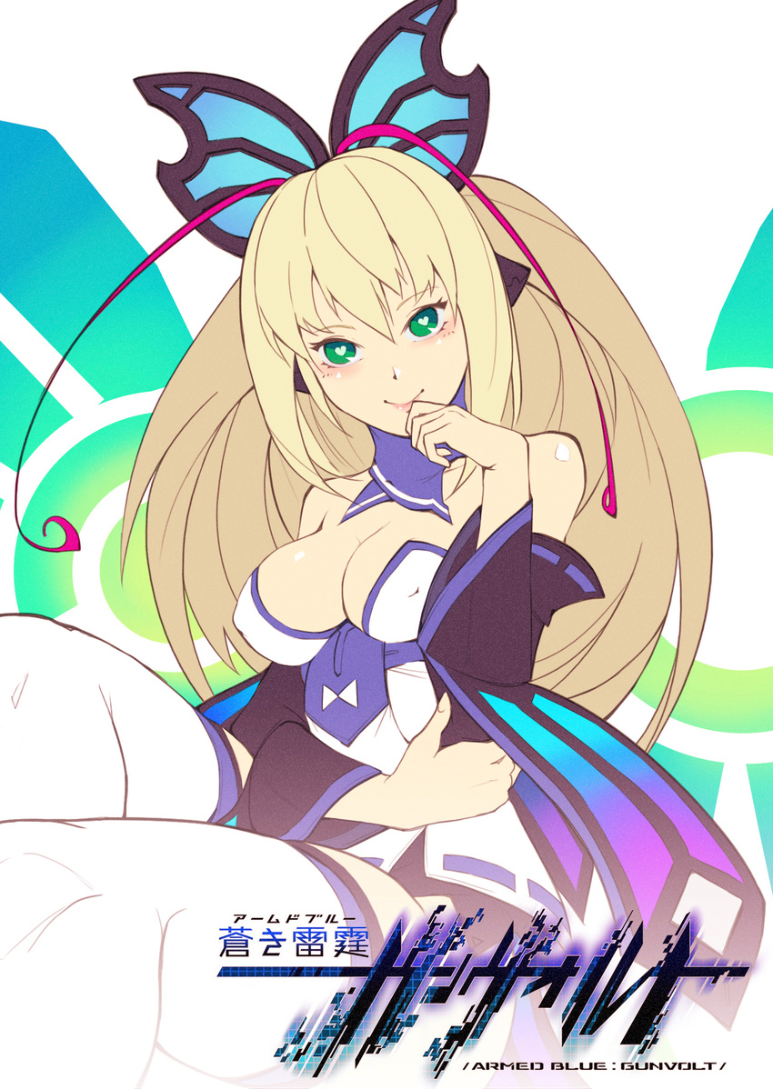 antenna_hair azure_striker_gunvolt bad_id bad_pixiv_id bangs bare_shoulders blonde_hair blush breasts butterfly_hair_ornament cleavage closed_mouth covered_nipples detached_collar detached_sleeves elbow_rest flat_color from_side gradient hair_between_eyes hair_ornament hand_on_own_cheek head_tilt headphones heart heart-shaped_pupils high_ponytail highres light_smile lipstick logo long_hair looking_at_viewer lumen_(gunvolt) makeup medium_breasts multicolored_hair pink_hair pink_lipstick ponytail rebe11 ribbon-trimmed_sleeves ribbon_trim sidelocks sitting sketch smile solo strapless symbol-shaped_pupils thighhighs two-tone_hair very_long_hair white_legwear wide_sleeves wings