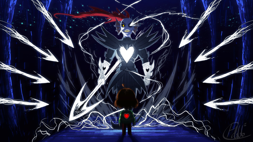 androgynous armor battle bridge brown_hair chara_(undertale) danmaku energy_spear glowing glowing_eyes grin head_fins holding holding_knife knife pdubbery polearm ponytail red_hair sharp_teeth shirt signature smile spear spoilers striped striped_shirt undertale undyne undyne_the_undying weapon yellow_eyes