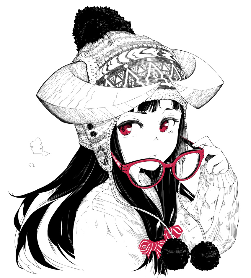 animal_ears beanie bow glasses hair_bow hat highres horned_girl_(jaco) horns horns_through_headwear jaco knit_hat long_hair looking_to_the_side monochrome original red-framed_eyewear red_eyes removing_eyewear solo spot_color sweater upper_body winter_clothes