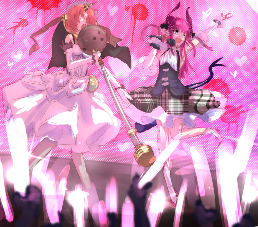 audience concert dress elizabeth_bathory_(fate) elizabeth_bathory_(fate)_(all) fate/apocrypha fate/extra fate/extra_ccc fate_(series) frankenstein's_monster_(fate) glowstick highres macaroni_tamago mace microphone multiple_girls music pink pink_hair rojiura_satsuki:_chapter_heroine_sanctuary singing weapon