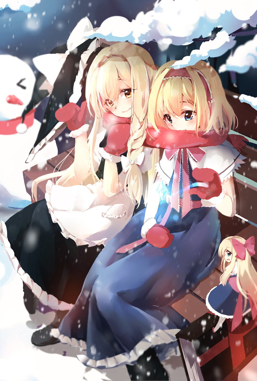 absurdres alice_margatroid apron ascot bench blonde_hair blue_eyes blush book boots braid capelet casting_spell couple grimoire hairband hat highres kirisame_marisa long_hair magic mittens multiple_girls neko_tanabata scarf shanghai_doll shared_scarf short_hair side_braid sitting smile snow snowing snowman touhou waist_apron witch_hat yellow_eyes yuri