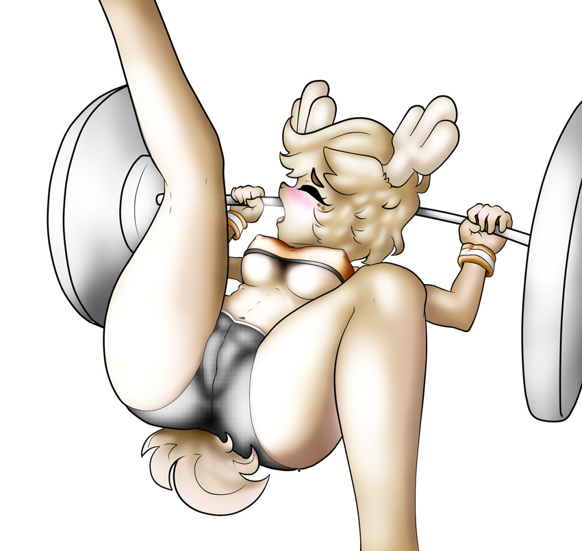 blush breasts camel_toe cervine clothed clothing deer ephesious exercise eyes_closed female hair half-shirt horn mammal navel penny_fitzgerald shapeshifter shorts solo spandex the_amazing_world_of_gumball weights workout