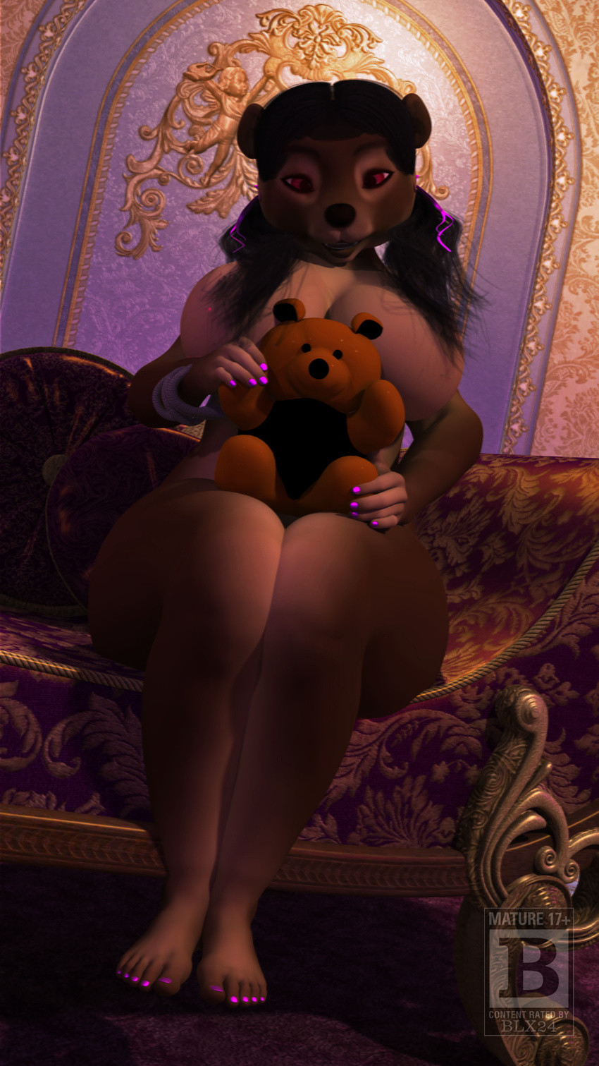 2016 3d_(artwork) anthro bear big_breasts black_hair blx24 breasts brown_fur brown_lips cgi digital_media_(artwork) female fur hair hi_res hindpaw inside lips long_hair looking_at_viewer mammal nails open_mouth paws red_eyes smile sofa solo teeth thick_thighs wide_hips