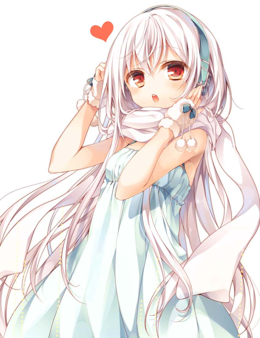 :o aqua_dress blush cowboy_shot dress gloves hands_on_headphones headphones heart highres kasako_(komeshiro_kasu) komeshiro_kasu long_hair original pom_pom_(clothes) red_eyes scarf simple_background solo very_long_hair white_background white_hair