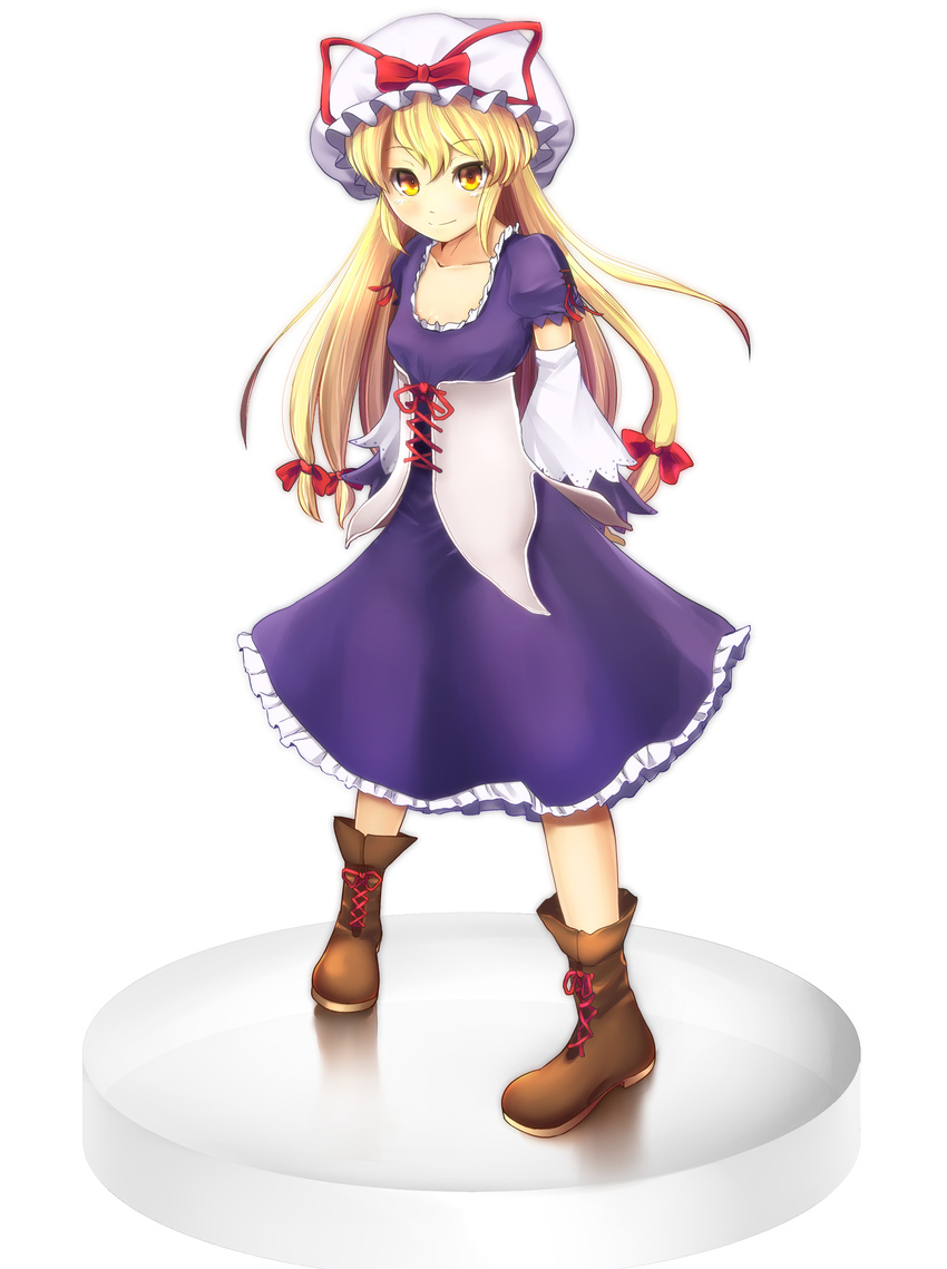 absurdres bad_id bad_pixiv_id bangs blonde_hair blush boots bow breasts brown_footwear corset detached_sleeves dress frilled_dress frills full_body hair_between_eyes hair_bow hat hat_bow hat_ribbon highres layered_sleeves lolikari long_hair mob_cap nanahi_toshi purple_dress ribbon shiny shiny_hair short_sleeves simple_background small_breasts smile solo standing touhou very_long_hair white_background yakumo_yukari yellow_eyes