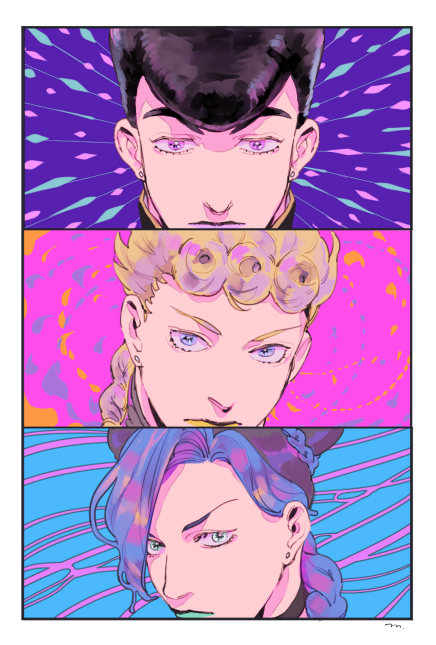 2boys aqua_lipstick bad_id bad_pixiv_id blonde_hair blue_eyes braid double_bun earrings giorno_giovanna higashikata_jousuke highres jewelry jojo_no_kimyou_na_bouken kuujou_jolyne lipstick makeup mandaman multicolored_hair multiple_boys pompadour purple_eyes purple_hair purple_lipstick signature two-tone_hair yellow_lipstick