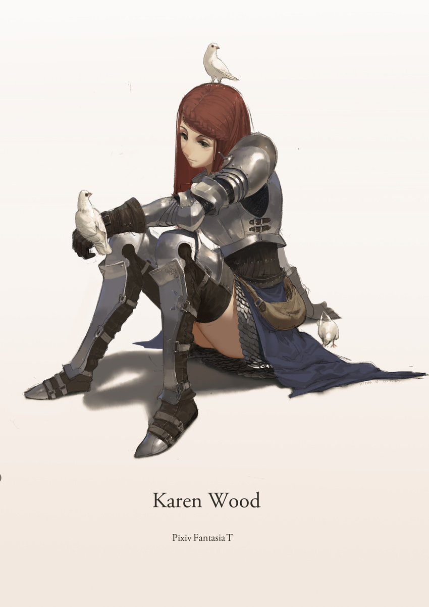 absurdres animal animal_on_head arm_support armor armored_boots armored_dress artist_name bangs beige_background bird bird_on_hand bird_on_head boots braid brown_eyes brown_gloves brown_hair character_name dated dove full_body gloves gradient gradient_background highres karen_wood knees_together_feet_apart long_hair looking_at_another on_head pauldrons pixiv_fantasia pixiv_fantasia_t pouch red_hair scale_armor single_braid sitting skirt solo swept_bangs thigh_boots thighhighs thighs virus76