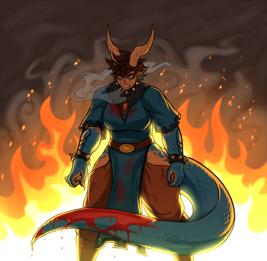 angry anthro armband blood blue_eyes blue_scales brown_hair clothed clothing collar dragon drakthug female fire hair horn jewelry necklace norael scales smoke solo