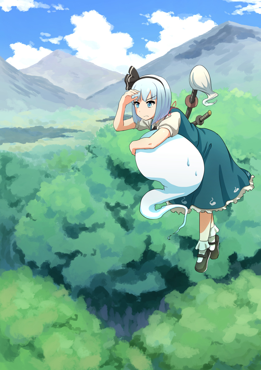 absurdres blue_eyes bob_cut bobby_socks cloud day flying forest frown highres hitodama katana konpaku_youmu konpaku_youmu_(ghost) looking mary_janes mountain nature puffy_short_sleeves puffy_sleeves scenery sheath sheathed shiya shoes short_hair short_sleeves silver_hair skirt skirt_set sky socks solo sweatdrop sword touhou vest weapon