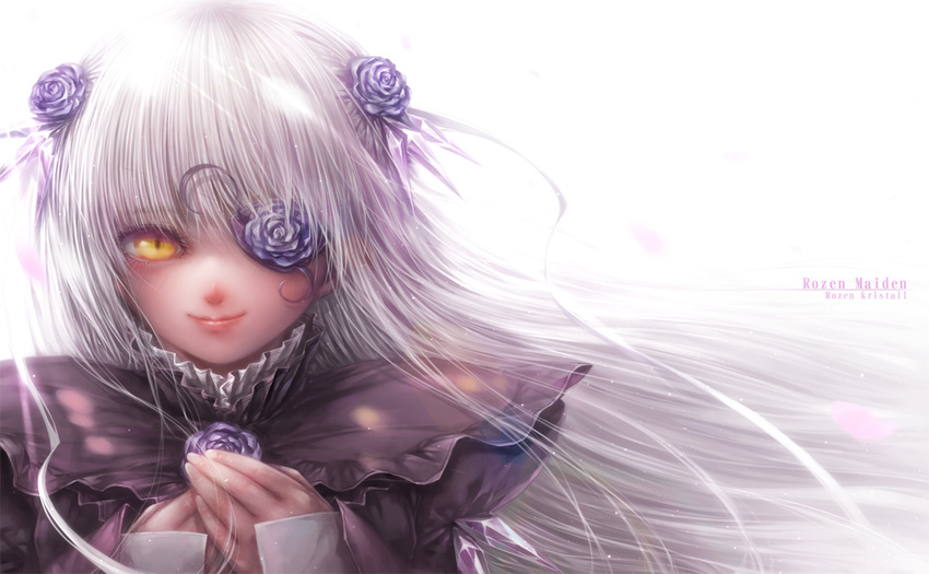 bangs barasuishou blue_flower closed_mouth crescent crystal dress eyepatch floating_hair flower flower_eyepatch frilled_shirt_collar frills hair_flower hair_ornament hair_ribbon hands_together long_hair looking_at_viewer misaki_(kyal_001) petals puffy_sleeves red_lips ribbon rose rozen_maiden silver_hair simple_background smile solo sunlight upper_body white_background white_hair white_ribbon yellow_eyes