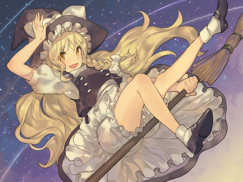 bangs big_hair black_footwear black_skirt black_vest blonde_hair bloomers bow broom broom_riding dress frilled_dress frills hair_bow hand_up hat hat_bow highres kirisame_marisa kochimo legs long_hair mary_janes night night_sky open_mouth puffy_short_sleeves puffy_sleeves shirt shoes shooting_star short_sleeves sidesaddle skirt sky smile socks solo star_(sky) starry_sky touhou underwear very_long_hair vest white_legwear white_shirt witch_hat yellow_eyes