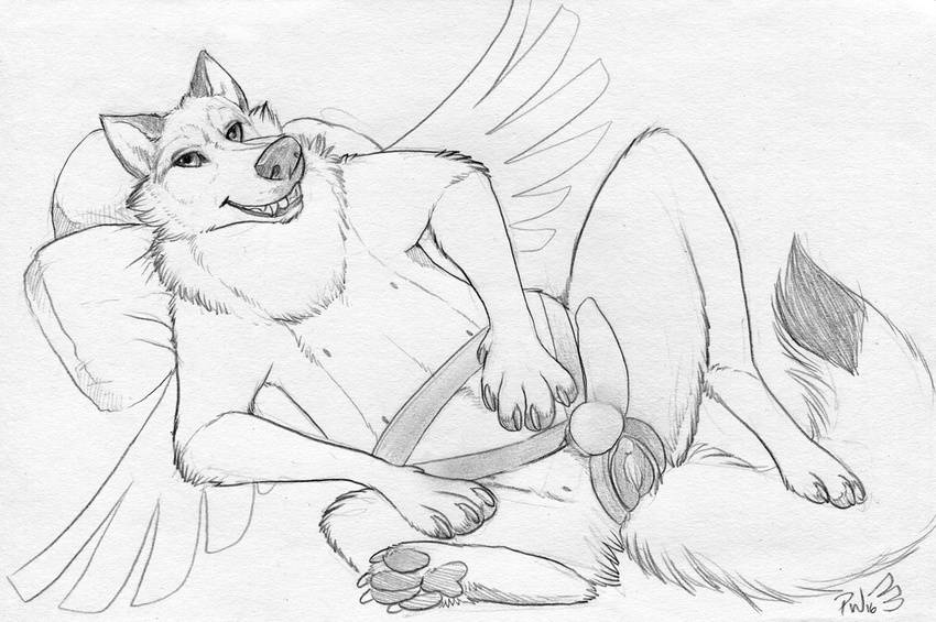 2016 animal_genitalia animal_pussy canine canine_pussy clitoris dildo female feral knotted_dildo looking_at_viewer lying mammal on_back paper-wings pussy sex_toy sketch solo spread_legs spreading strapon wings wolf