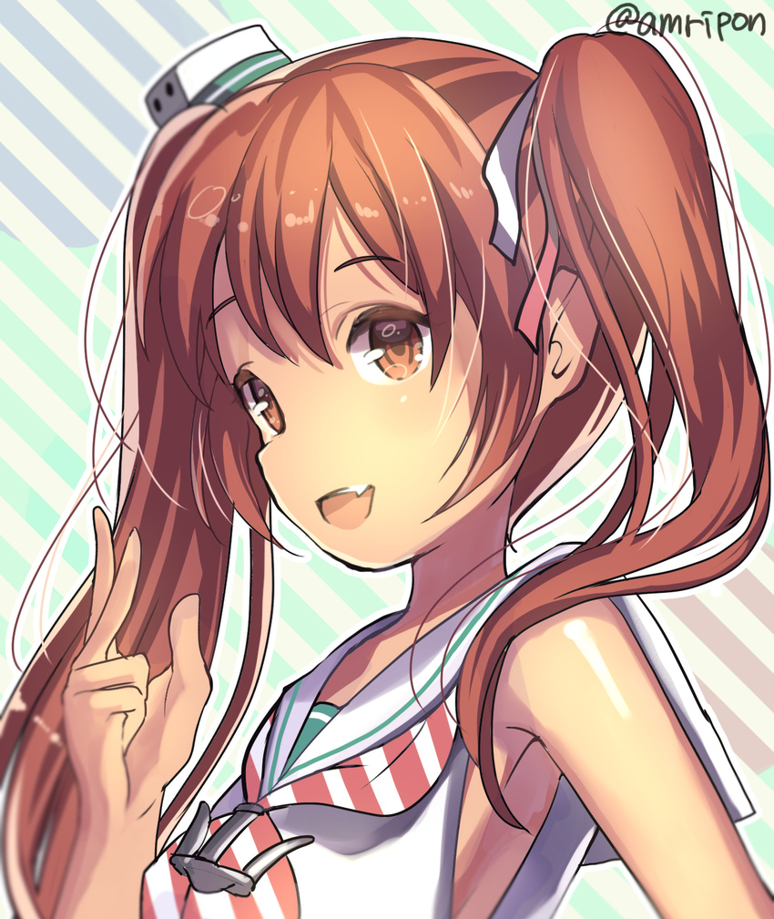 :d amripo anchor brown_eyes brown_hair commentary_request dress fang highres kantai_collection libeccio_(kantai_collection) open_mouth sailor_dress smile solo