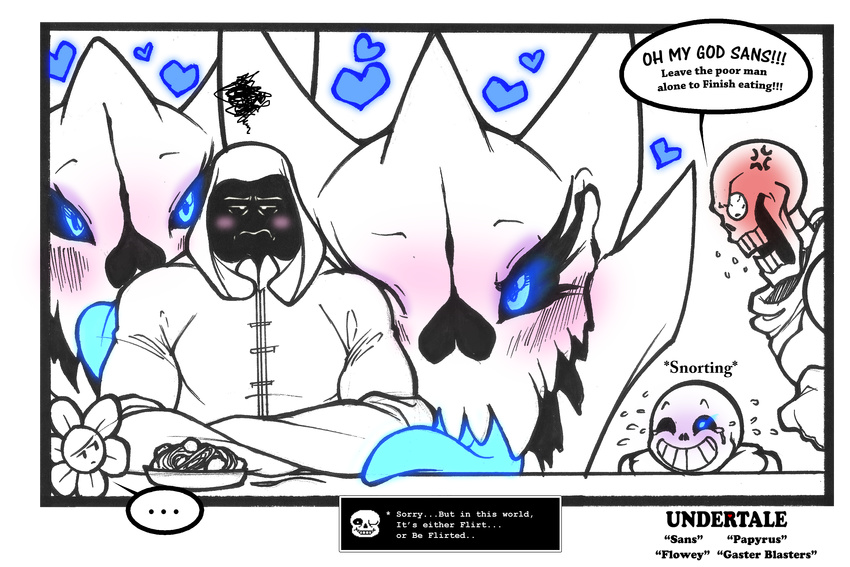 &lt;3 ... angry bedroom_eyes blush bone cape clothing flowey food furius gaster_blaster half-closed_eyes lust mild_annoyance mild_disinterest monster papyrus pasta perversion ragnarok_(wsache) sans seductive shame skeleton smile smirk snort snorting so_done_with_this_shit spaghetti speech_bubble table text textbox tongue undertale video_games walter_sache