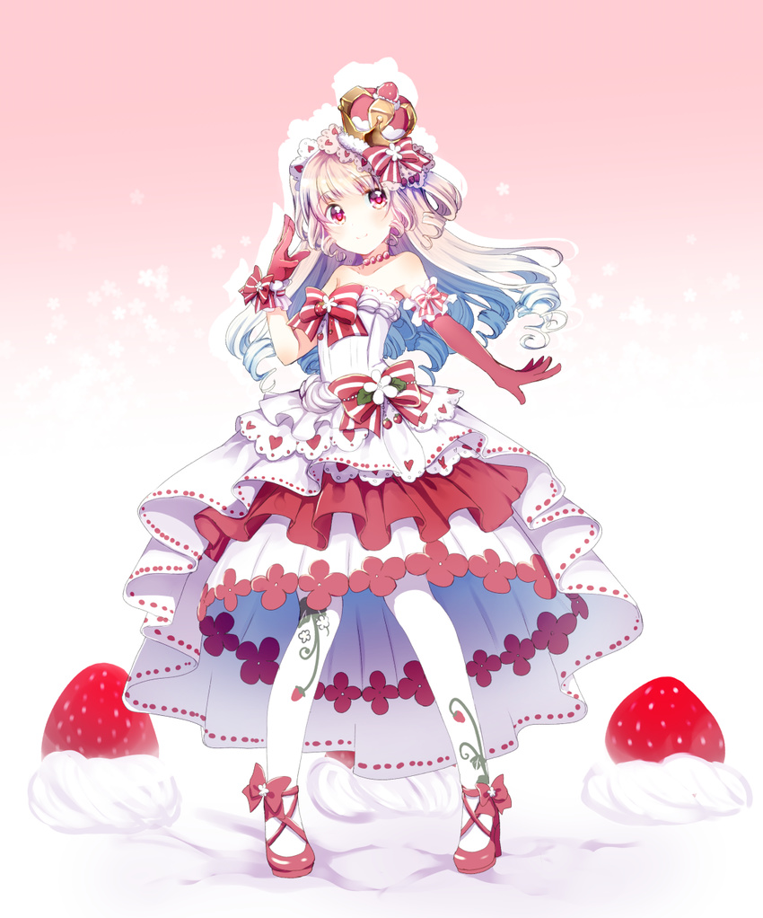 ameshizuku_natsuki bare_shoulders blue_hair bow crown dress elbow_gloves flower food food_themed_clothes food_themed_ornament frills fruit full_body gloves gradient gradient_background gradient_hair hair_bow highres long_hair looking_at_viewer multicolored_hair original pantyhose personification pink_background pocketland print_legwear red_bow red_eyes red_footwear red_gloves shoes single_elbow_glove skirt smile solo standing strapless strapless_dress strawberry strawberry_blossoms strawberry_shortcake striped striped_bow white_background white_hair white_legwear