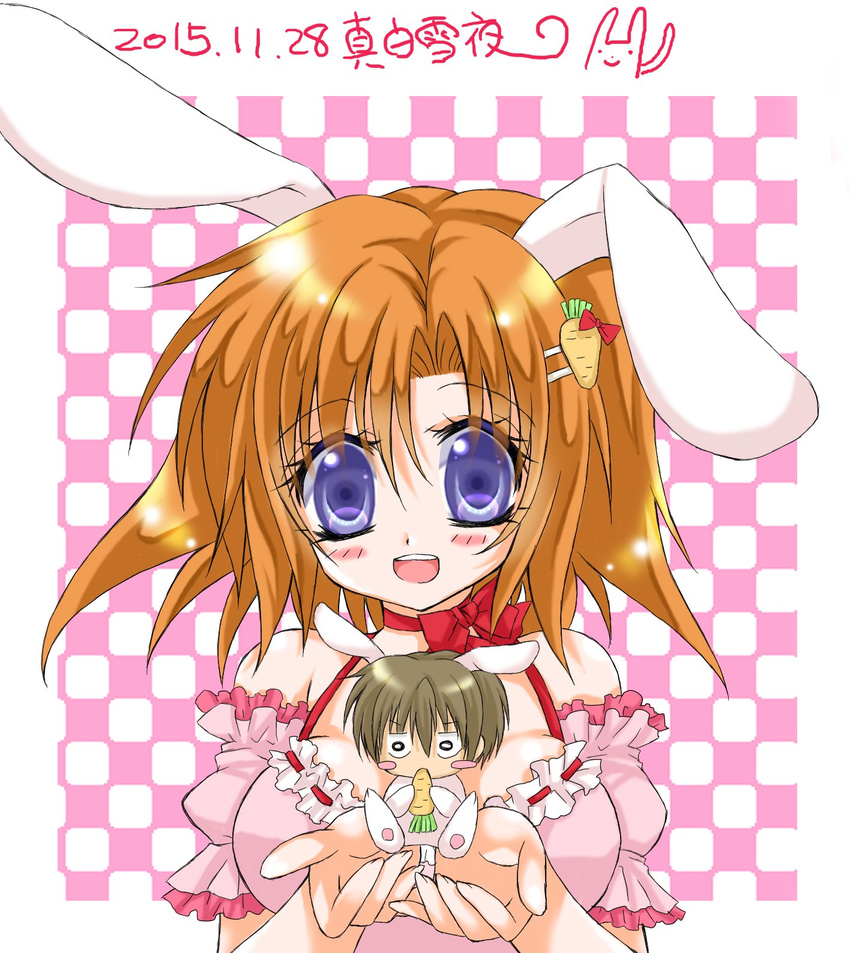 1boy 1girl animal_costume animal_ears big_eyes blue_eyes blush breasts bunny_costume bunny_ears carrot chibi cleavage dated eating highres higurashi_no_naku_koro_ni looking_at_viewer maebara_keiichi medium_breasts open_mouth orange_hair ryuuguu_rena short_hair signature smile