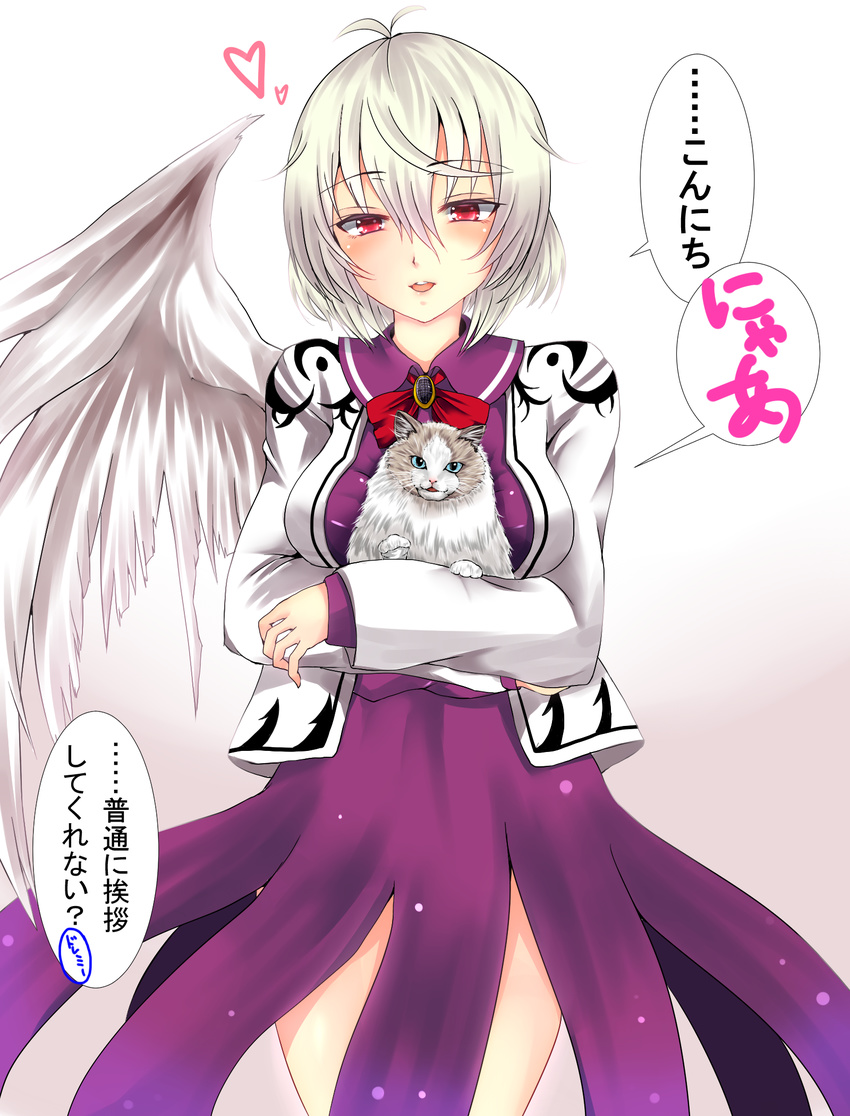 cat fujimori_tonkatsu heart highres holding holding_cat kishin_sagume red_eyes short_hair silver_hair single_wing solo touhou translated wings