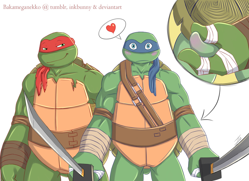 &lt;3 2016 3_fingers anthro bakameganekko bandage belt blue_eyes blush brother green_eyes grin hand_behind_back incest invalid_tag leonardo_(tmnt) looking_at_viewer male male/male mammal mask melee_weapon muscular ninja raphael_(tmnt) reptile scalie sibling simple_background smile smirk sword teenage_mutant_ninja_turtles turtle watermark weapon white_background