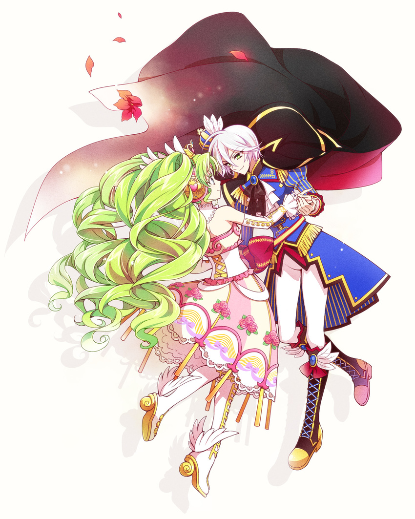 cape chikariya crown dress falulu green_eyes green_hair highres long_hair md5_mismatch multiple_girls pretty_(series) pripara shikyouin_hibiki short_hair tiara twintails white_hair yuri