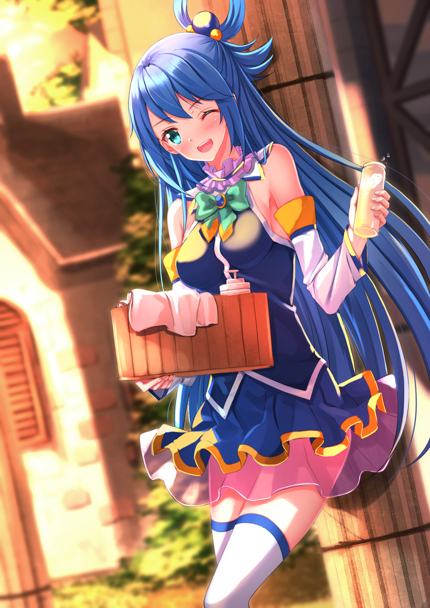 ;d aqua_(konosuba) bare_shoulders blue_eyes blue_hair blue_skirt bottle bucket detached_sleeves dutch_angle hair_ornament hair_rings highres kono_subarashii_sekai_ni_shukufuku_wo! long_hair looking_at_viewer milk one_eye_closed open_mouth outdoors see-through skirt smile soap_bottle solo swordsouls thighhighs towel very_long_hair white_legwear